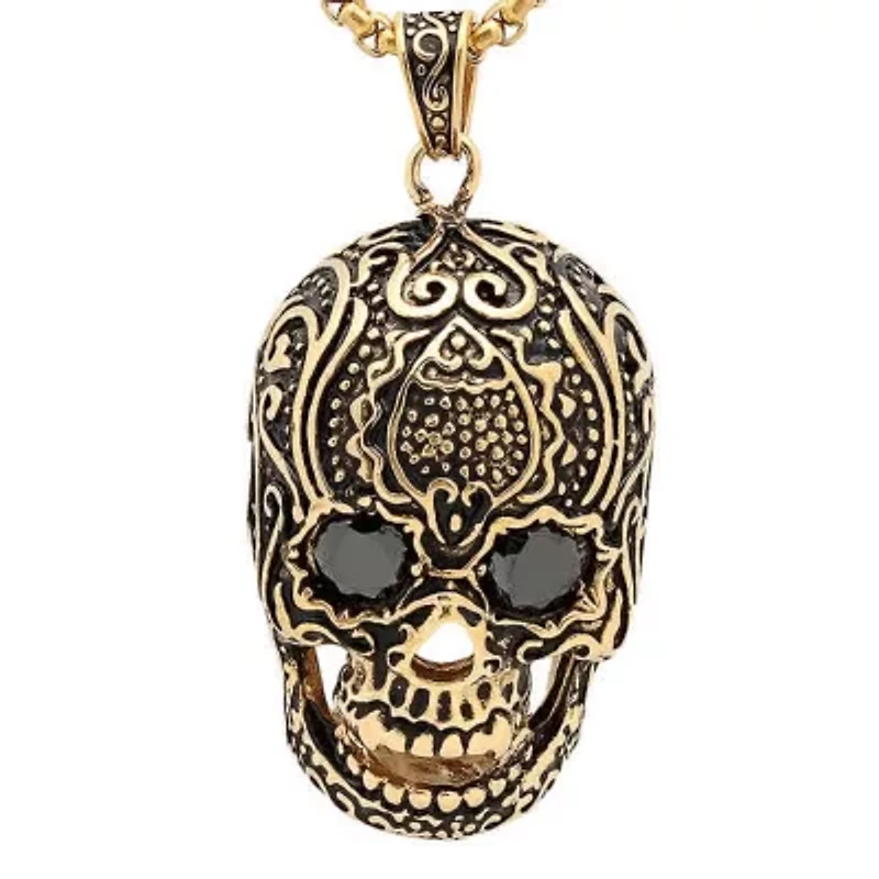 Men's stainless steel skull pendant with black cz