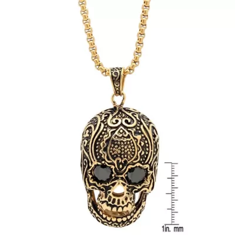 Men's stainless steel skull pendant with black cz