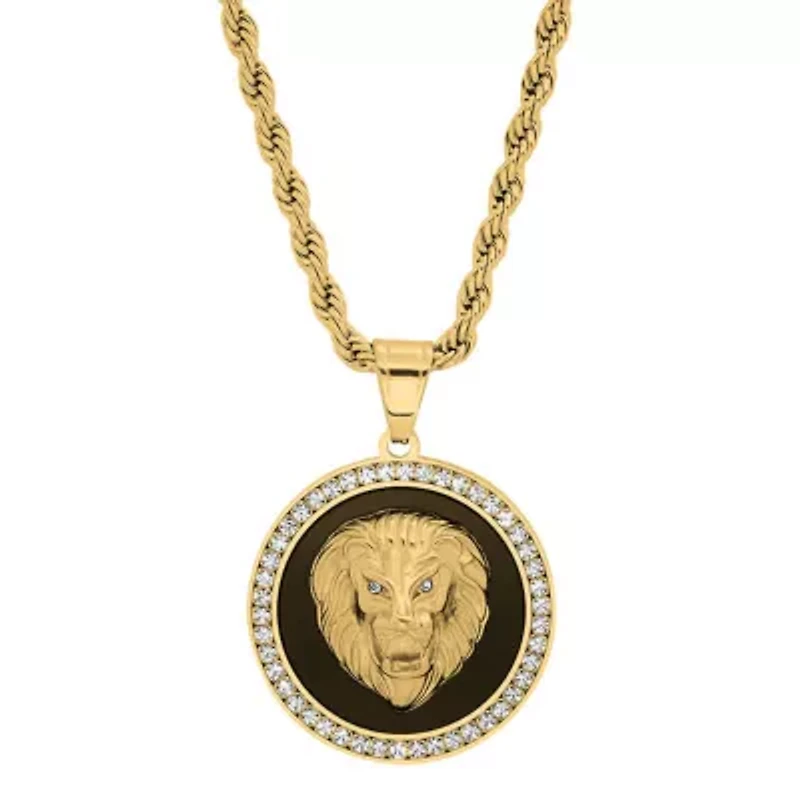 Men's 18k gold plated stainless steel, black enamel and simulated diamonds lion head round pendant