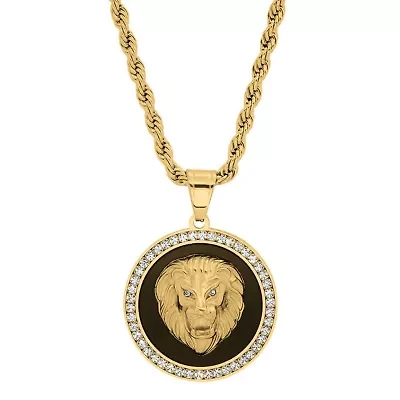 Men's 18k gold plated stainless steel, black enamel and simulated diamonds lion head round pendant