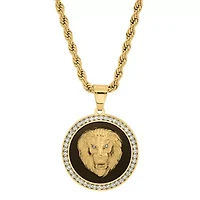Men's 18k gold plated stainless steel, black enamel and simulated diamonds lion head round pendant