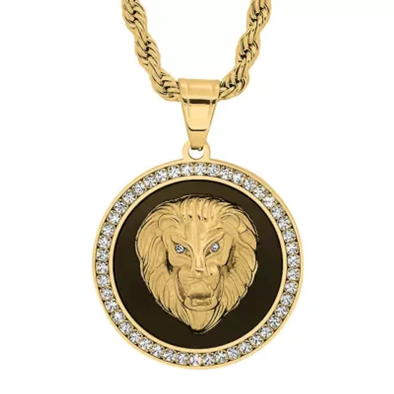 Men's 18k gold plated stainless steel, black enamel and simulated diamonds lion head round pendant