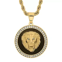 Men's 18k gold plated stainless steel, black enamel and simulated diamonds lion head round pendant