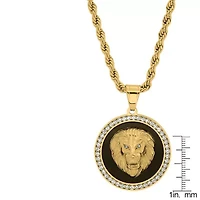 Men's 18k gold plated stainless steel, black enamel and simulated diamonds lion head round pendant