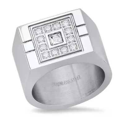 Men's stainless steel and simulated diamonds rectangular ring