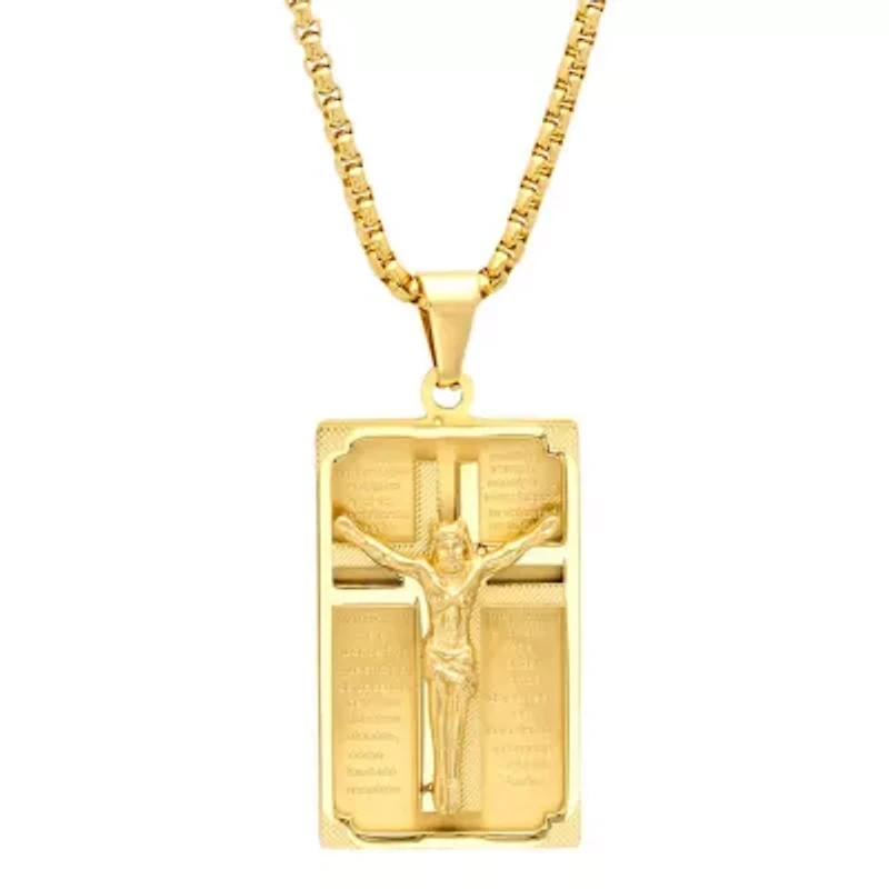 Men's 18k gold plated stainless steel crucifix padre nuestro prayer frame pendant