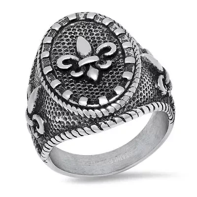 Men's oxidized stainless steel fleur de lis ring