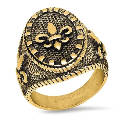 Men's 18k gold plated stainless steel fleur de lis ring