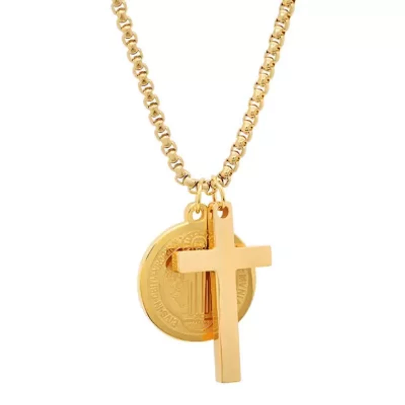 18k gold plated stainless steel cross and St. Benedict religious pendant