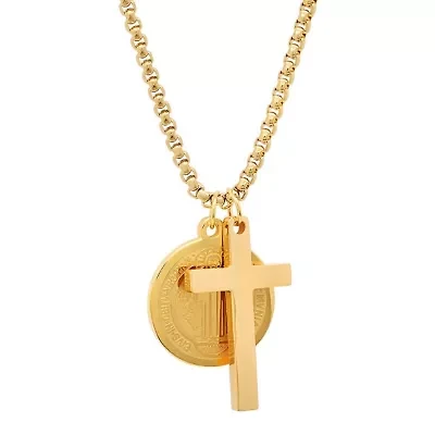 18k gold plated stainless steel cross and St. Benedict religious pendant