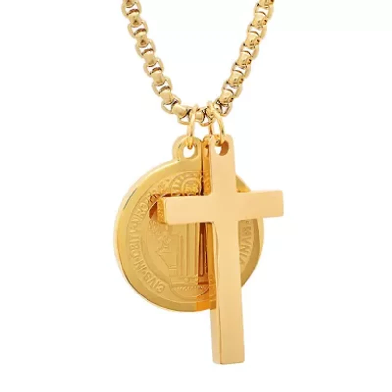 18k gold plated stainless steel cross and St. Benedict religious pendant