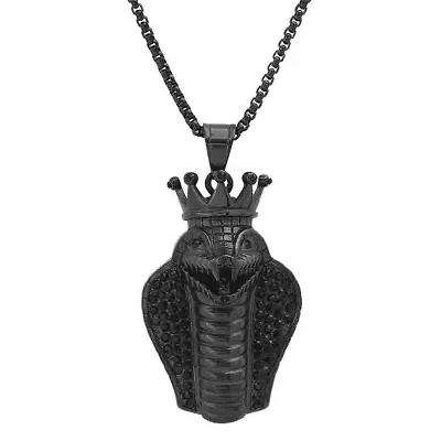 Men's 18k gold plated stainless steel and simulated diamonds cobra king snake pendant
