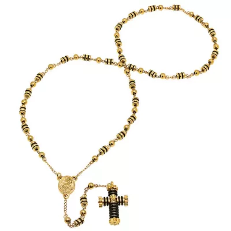 Men's 18k gold plated stainless steel and black rubber rosary necklace