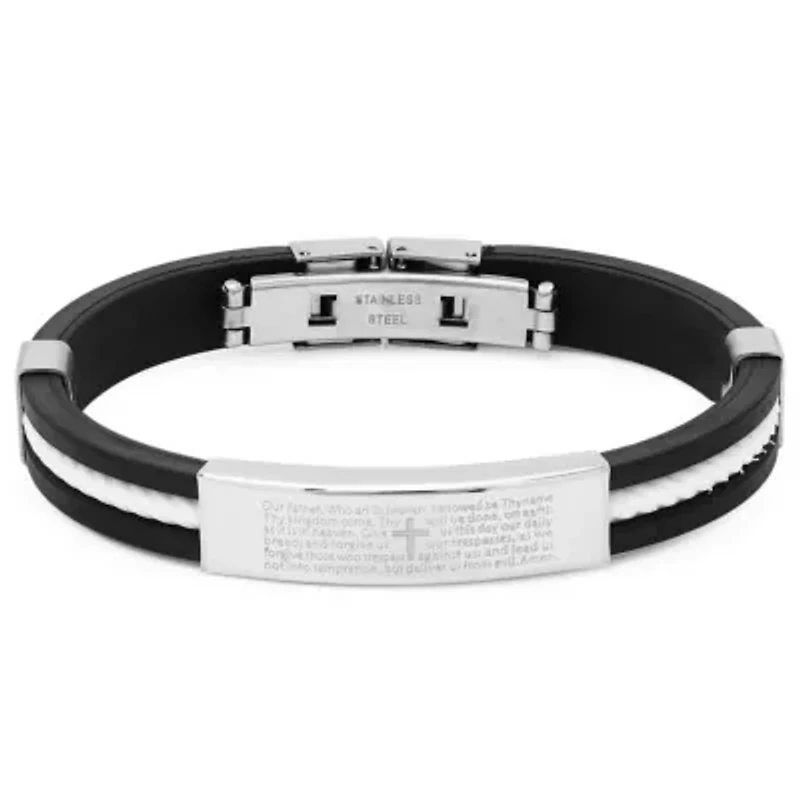 Men's black and white rubber bracelet with "our father…" accent