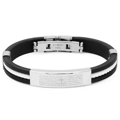Men's black and white rubber bracelet with "our father…" accent
