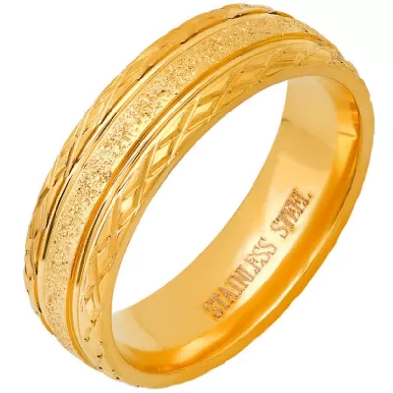 Men's stainless steel with glittery inlay and diamond cut edge band ring