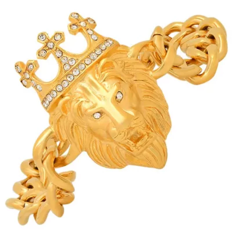 Men's stainless steel cuban link and simulated diamonds lion head & crown bracelet