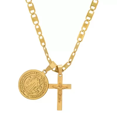 Men's 18k gold plated stainless steel St. Benedict and cross pendant