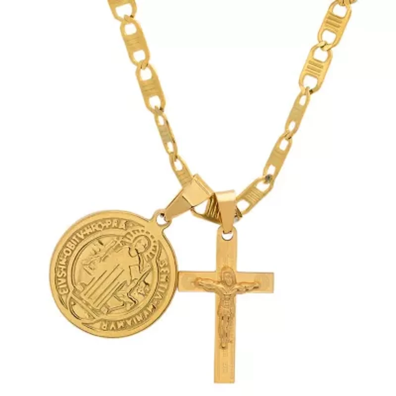 Men's 18k gold plated stainless steel St. Benedict and cross pendant