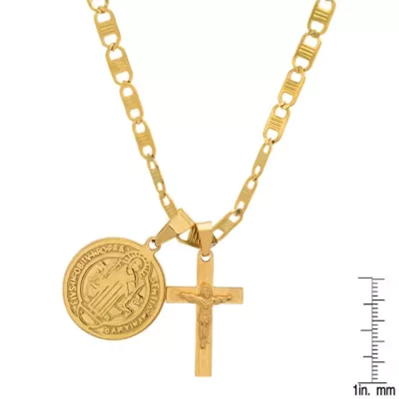 Men's 18k gold plated stainless steel St. Benedict and cross pendant