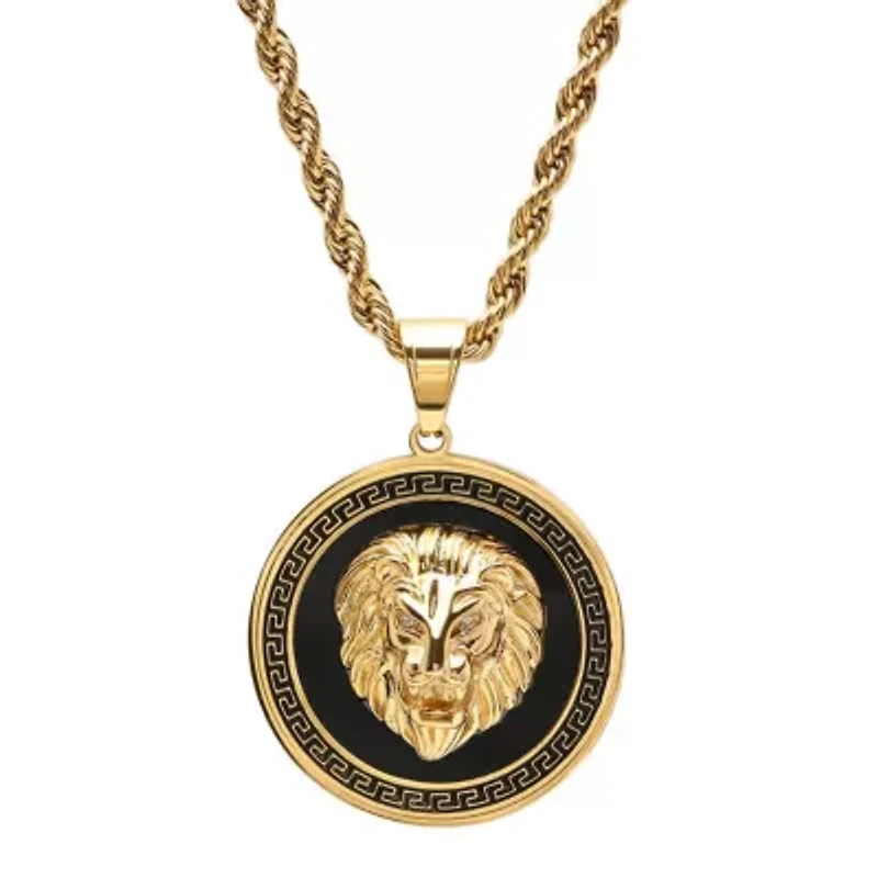 Men's stainless steel simulated diamond lion head on greek key mount pendant necklace