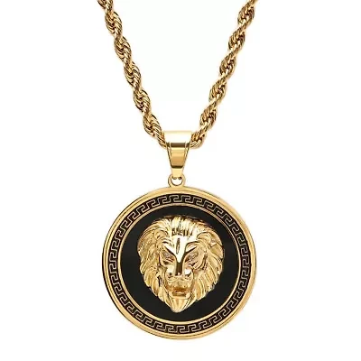 Men's 18k gold plated stainless steel simulated diamond lion head on greek key mount pendant necklace