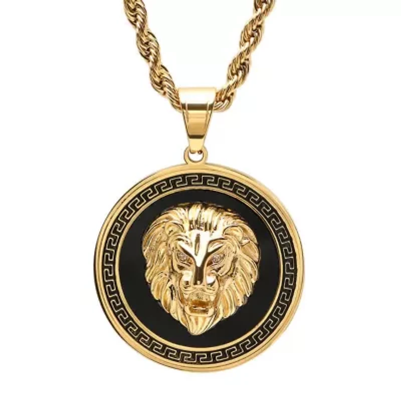 Men's  stainless steel simulated diamond lion head on greek key mount pendant necklace