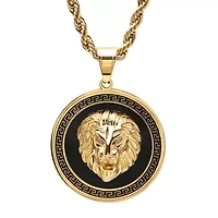 Men's  stainless steel simulated diamond lion head on greek key mount pendant necklace