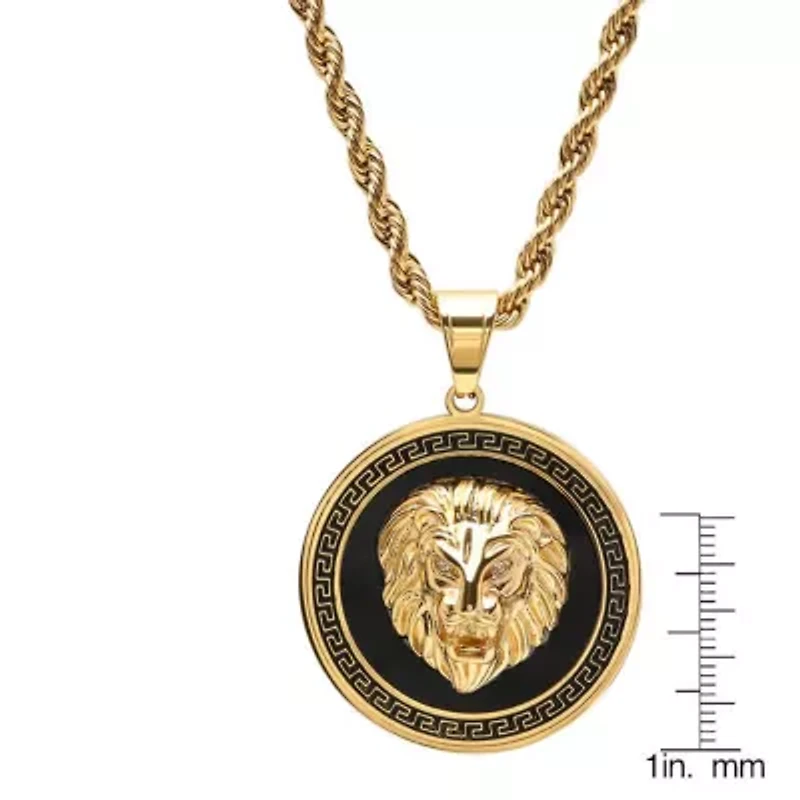 Men's  stainless steel simulated diamond lion head on greek key mount pendant necklace