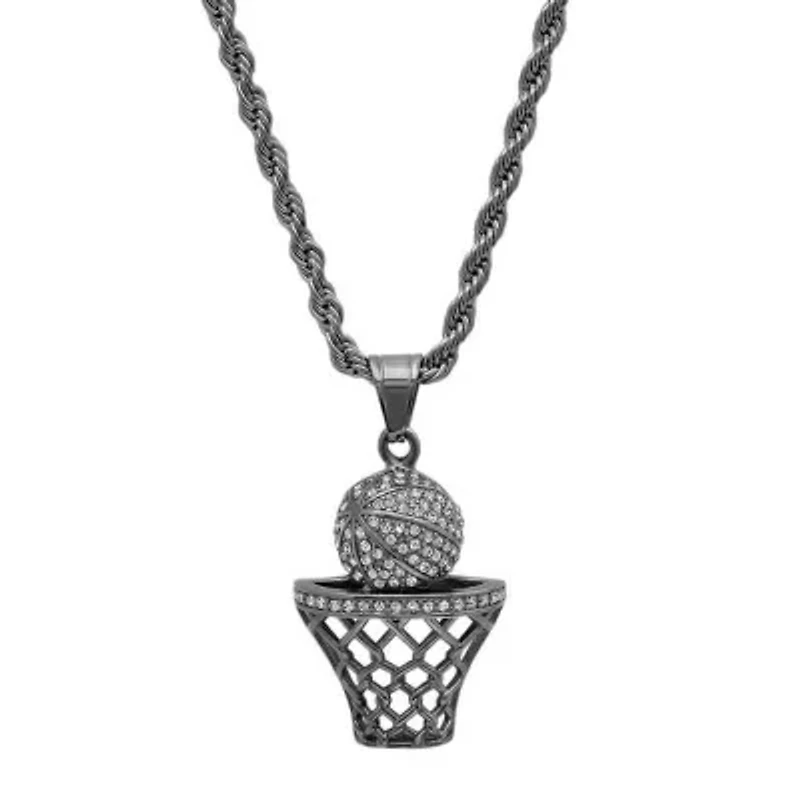 Men's black ip stainless steel simulated diamond basketball and hoop pendant