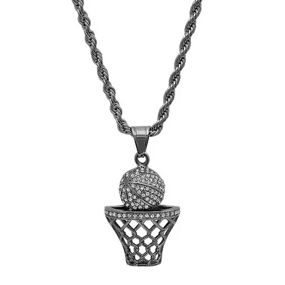 Men's black ip stainless steel simulated diamond basketball and hoop pendant