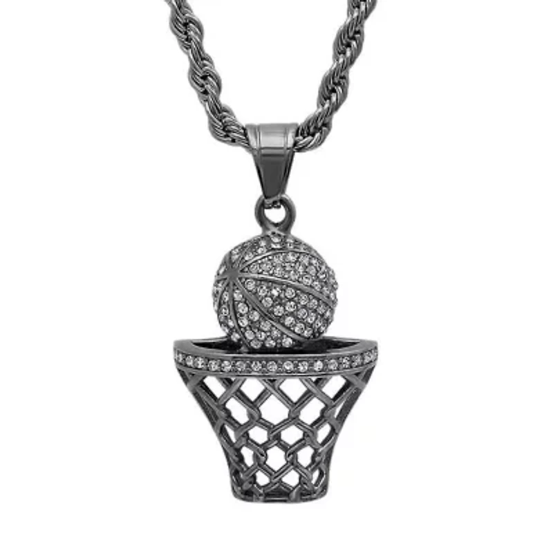 Men's black ip stainless steel simulated diamond basketball and hoop pendant