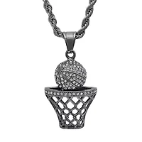 Men's black ip stainless steel simulated diamond basketball and hoop pendant