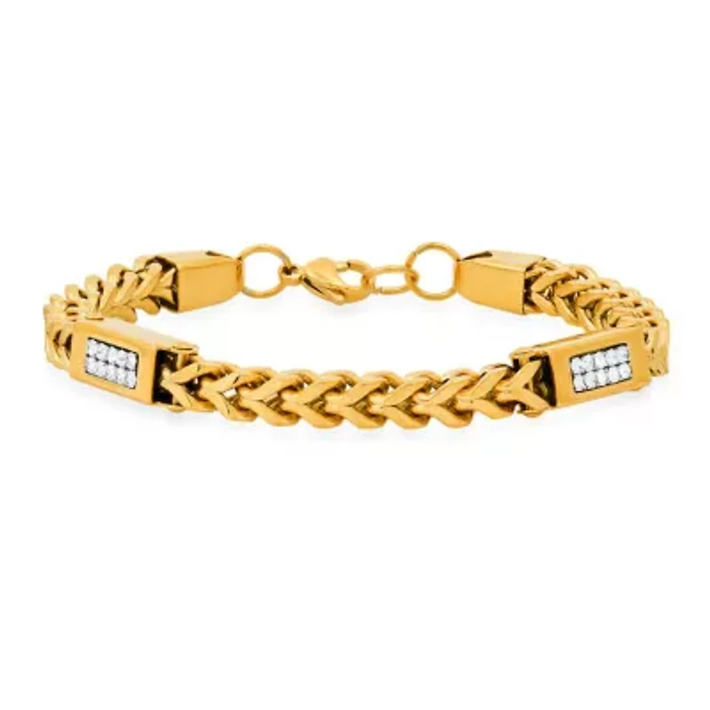 Men's 18k gold plated stainless steel wheat chain and simulated diamonds link bracelet