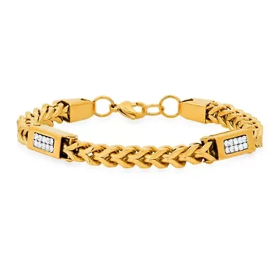 Men's 18k gold plated stainless steel wheat chain and simulated diamonds link bracelet