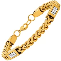Men's 18k gold plated stainless steel wheat chain and simulated diamonds link bracelet