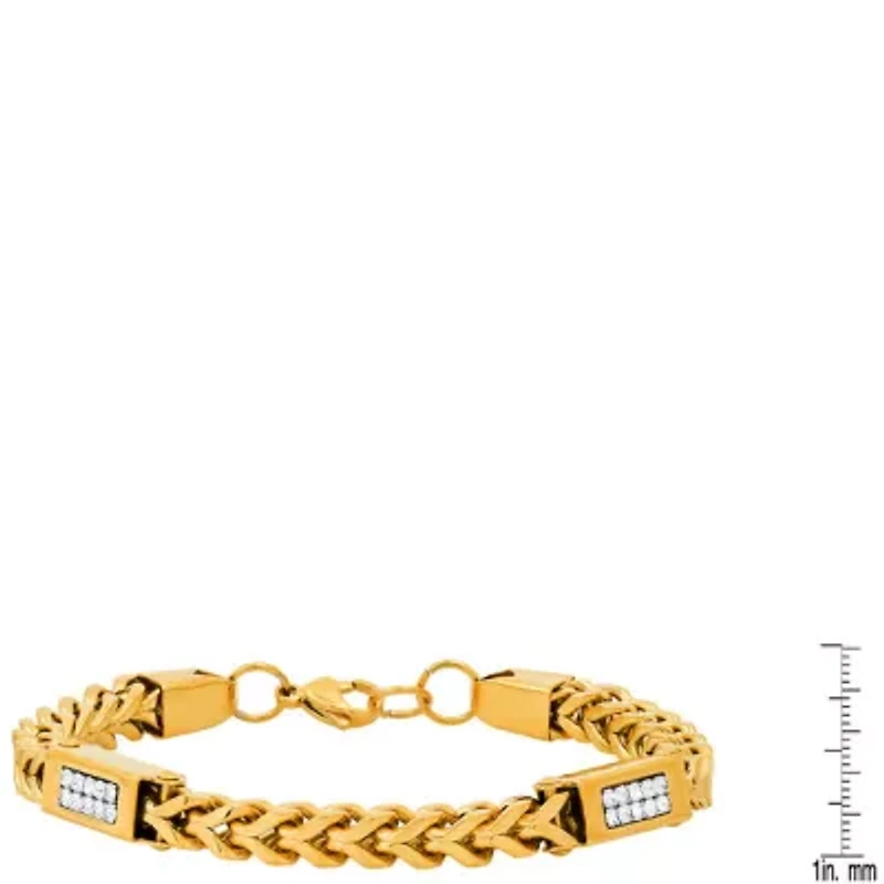 Men's 18k gold plated stainless steel wheat chain and simulated diamonds link bracelet