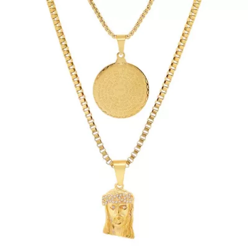 Men's 18k gold plated stainless steel double layered round and box chain with Lords prayer Jesus face simulated diamonds pendants