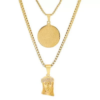 Men's 18k gold plated stainless steel double layered round and box chain with Lords prayer Jesus face simulated diamonds pendants