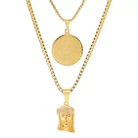 Men's 18k gold plated stainless steel double layered round and box chain with Lords prayer Jesus face simulated diamonds pendants