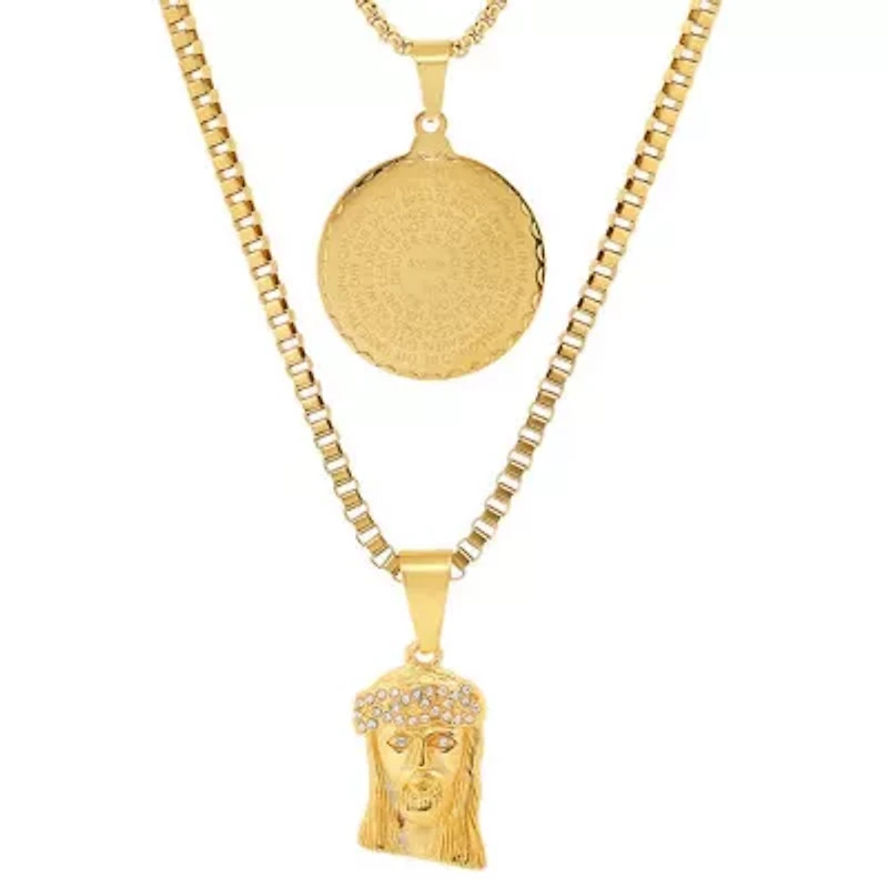 Men's 18k gold plated stainless steel double layered round and box chain with Lords prayer Jesus face simulated diamonds pendants