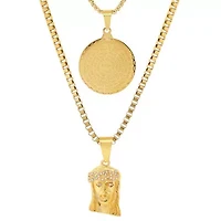 Men's 18k gold plated stainless steel double layered round and box chain with Lords prayer Jesus face simulated diamonds pendants