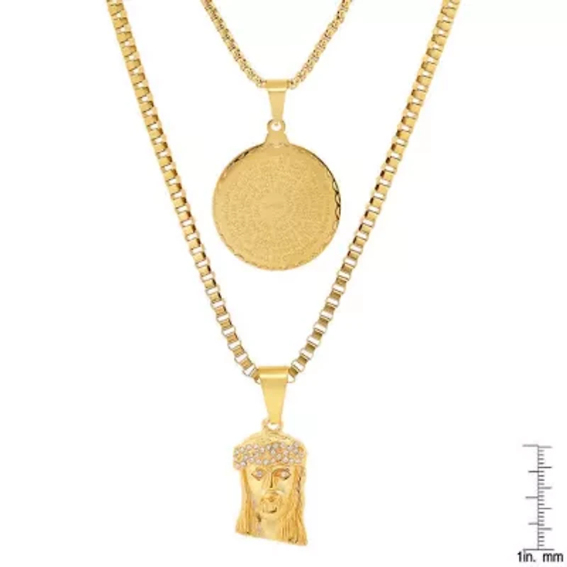 Men's 18k gold plated stainless steel double layered round and box chain with Lords prayer Jesus face simulated diamonds pendants