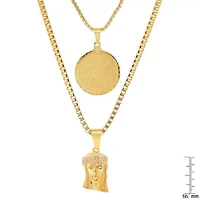 Men's 18k gold plated stainless steel double layered round and box chain with Lords prayer Jesus face simulated diamonds pendants