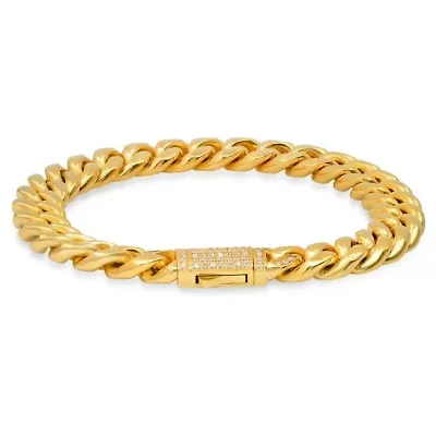 Men's stainless steel thick cuban link chain bracelet with simulated diamonds clasp