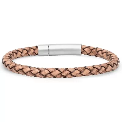 Men's brown braided leather bracelet with stainless steel clasp