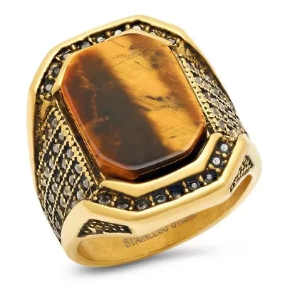 Men's 18k gold plated stainless steel tiger eye and black simulated diamond ring