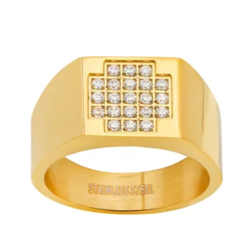 Men's 18k gold plated stainless steel and simulated diamonds rectangle ring