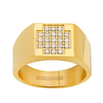 Men's 18k gold plated stainless steel and simulated diamonds rectangle ring