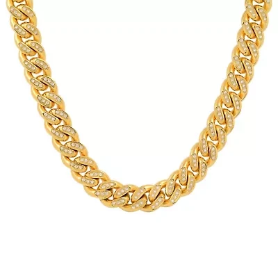 Lab Created Men's stainless steel and simulated diamonds cuban chain necklace
